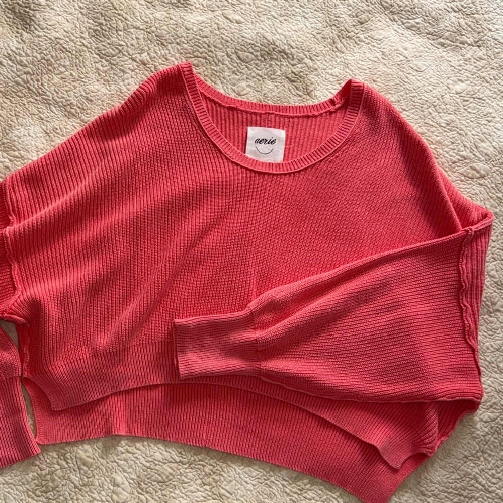 aerie Off-the-Shoulder Ribbed Sweater in Coral Pink